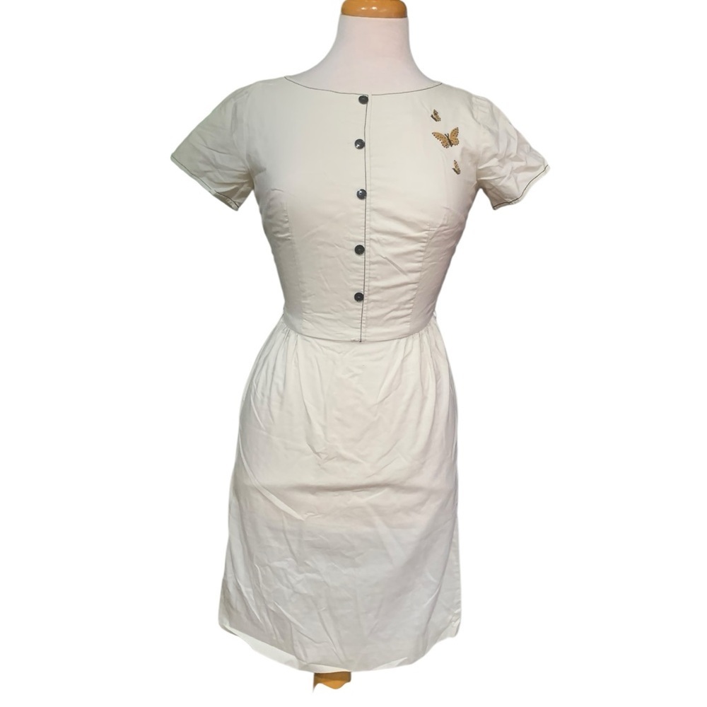 Vntg early 60’s off white cap sleeve midi dress with butterfly detail sz 4